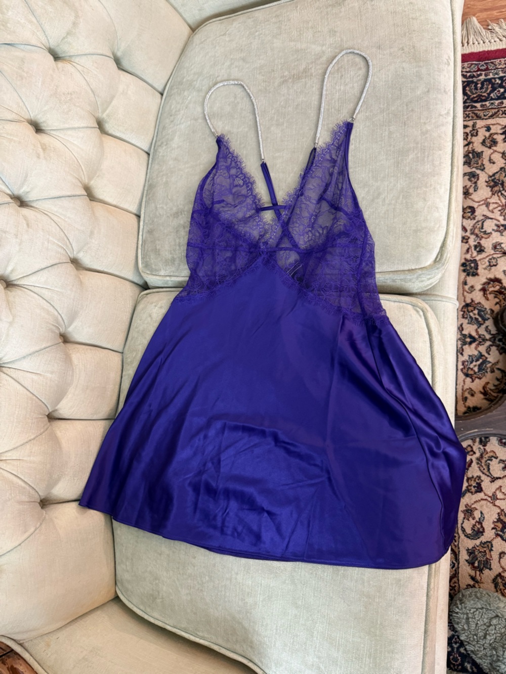 💜 Victoria’s Secret Purple Lace Satin Chemise Slip Dress Gem Straps XS - Picture 4 of 7